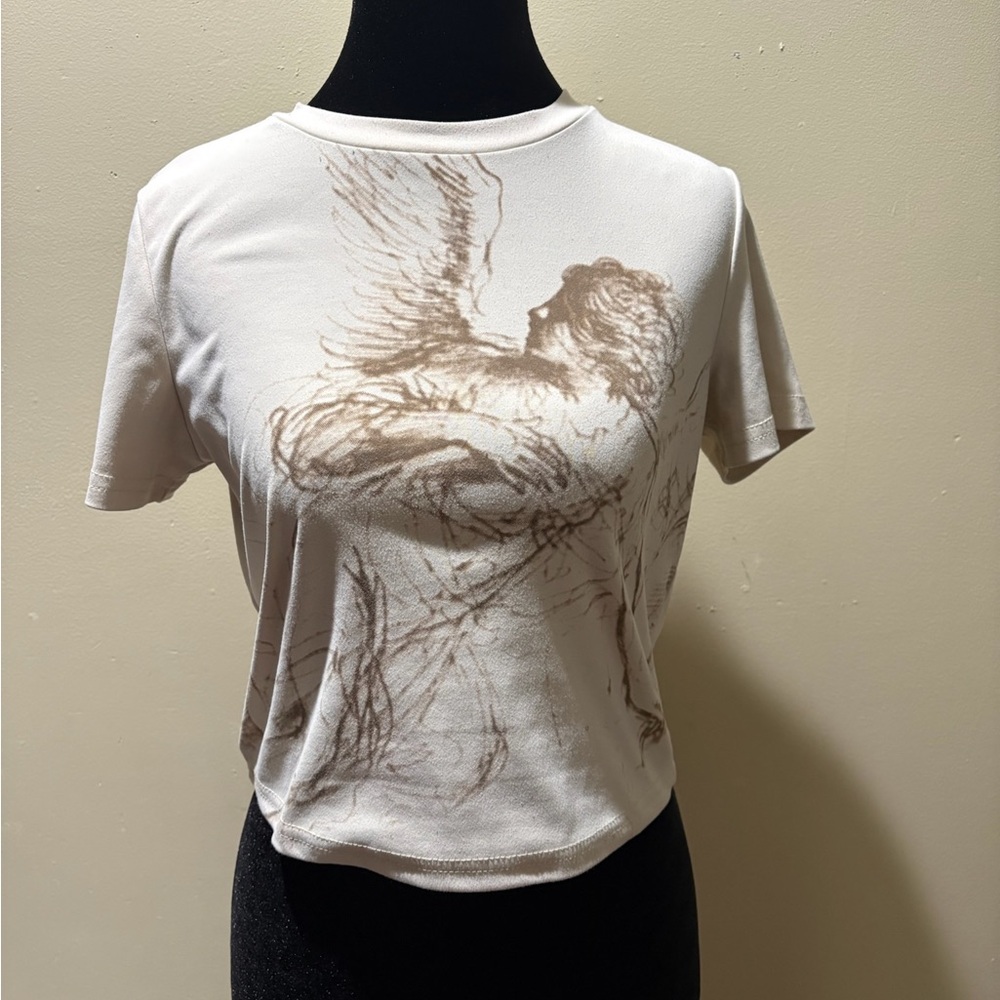 SHEIN White Angel Print Short Sleeve Tee